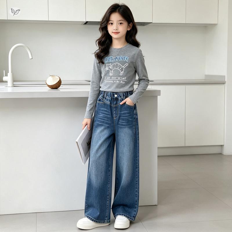 Girls' Slim Fit Wide-Leg Skinny Jeans - 2026 Autumn Collection for Medium and Large Children