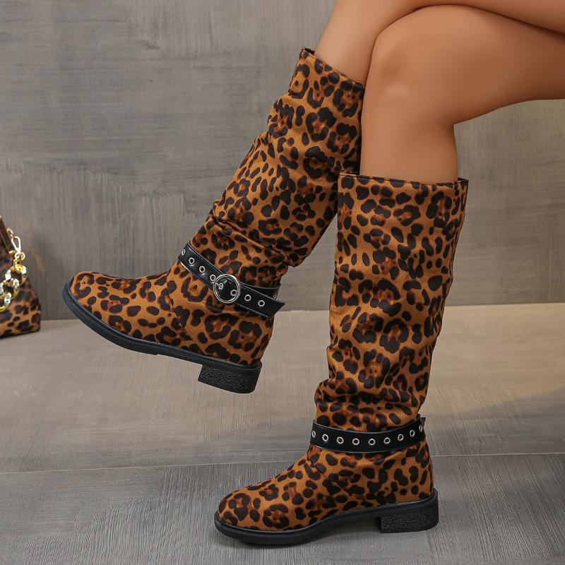 Camurça Mulher Leopardo Botas de Cano Alto Sexy Salto Alto Designer Sapatos Chunky Tendência Inverno 2025 Gótico Festa Scarpins Chelsea Botas Mulher
