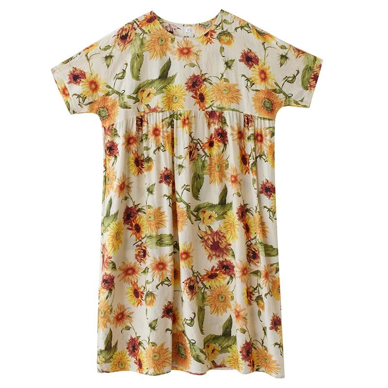 Short Sleeve Plus Size Cotton Vintage Floral New In Dresses for Women Casual Loose Long Summer Dress