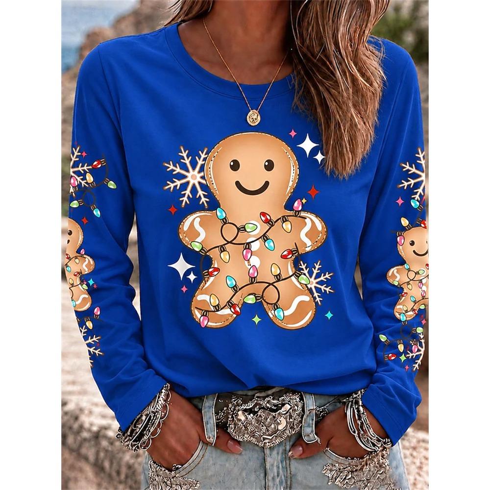 Women’s Christmas Long-Sleeve Pullover Santa Claus Snowflake Print Crew t