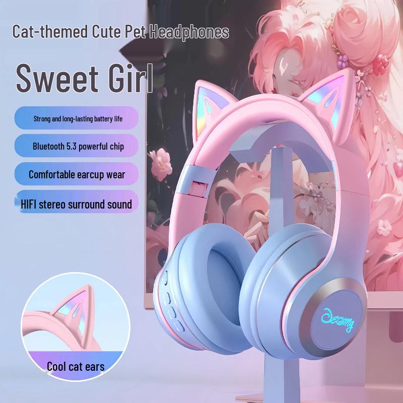 Gradient Cat Ear Luminous Wireless Bluetooth Headphones – Foldable and Sporty