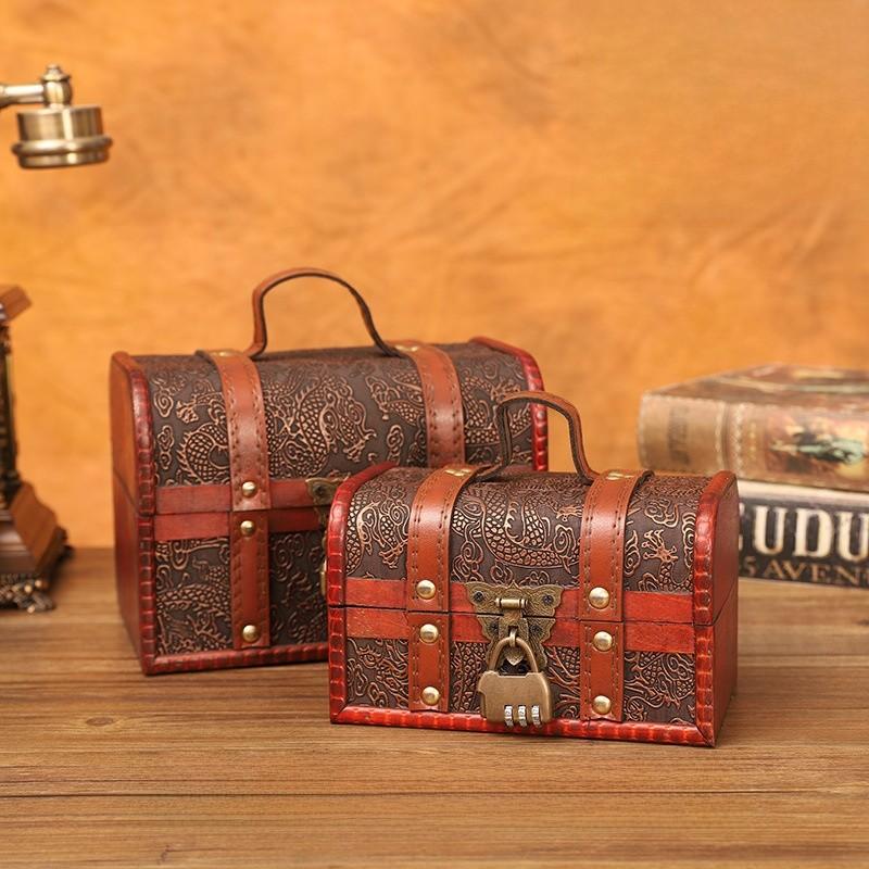 Retro Dragon Pattern Wooden Storage Box With Metal Lock For Storage Desktop