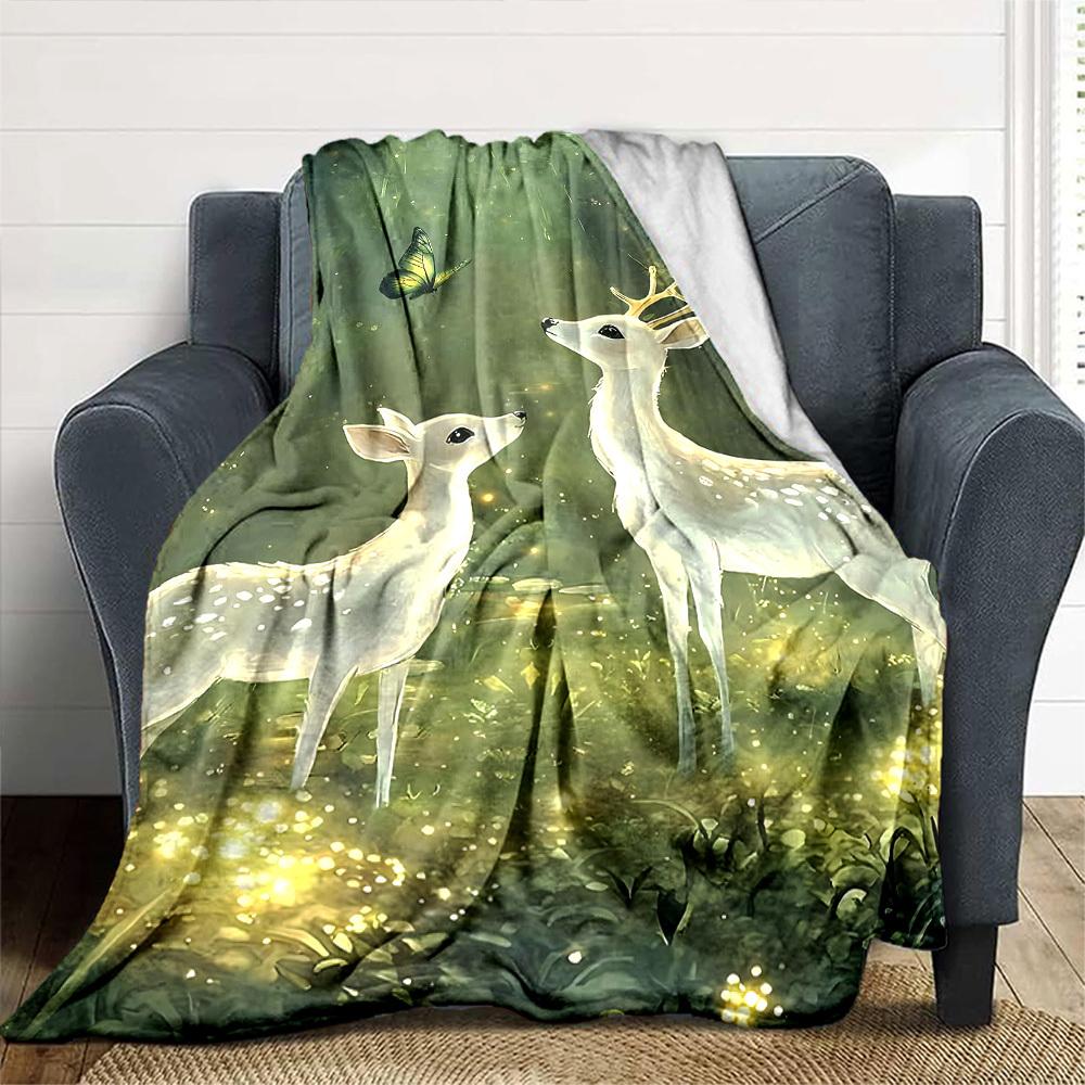 1pc Deer Butterfly Blanket Lightweight Flannel Throw for Sofa Bed Travel Camping Livingroom Office Couch Chair