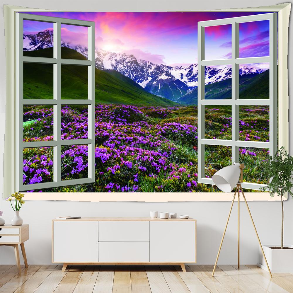 

Гобелен с пейзажем на окне для украшения, 3D-гобелен с романтическими цветами, домашняя живопись, психоделические лесные гобелены, настенные гобелены W150xH100cm