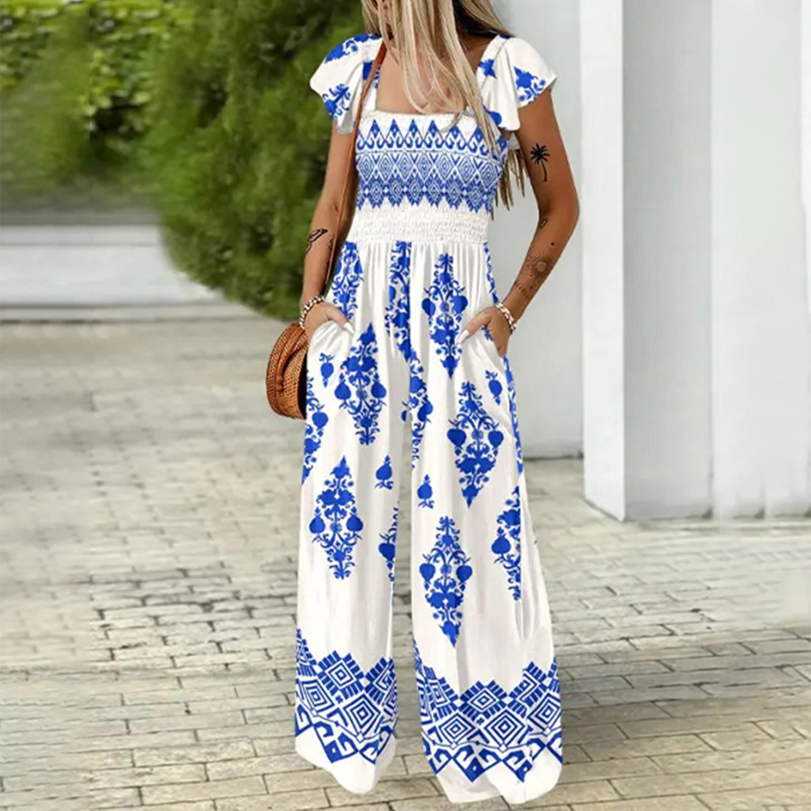 

Женский комбинезон с принтом в стиле бохо, повседневный, с высокой талией, широкими штанинами и карманом XL небесно-голубой