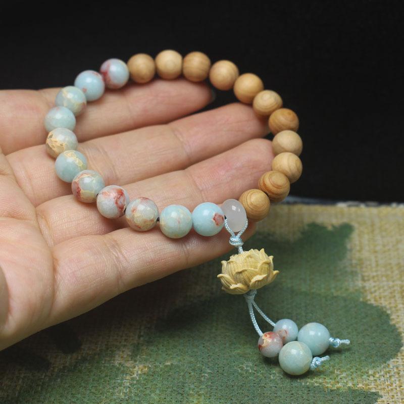 Cypress Wood 8mm Lotus Prayer Beads Bracelet with Shoushan Stone, Women’s Ethnic Style Simple Jewelry Gift