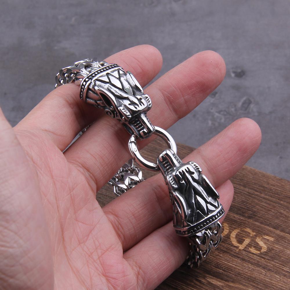 Viking Dragon Charm Bracelet for Men Stainless Steel Mesh Chain Silver Color Punk Biker Jewelry Never Fade Rock Wolf