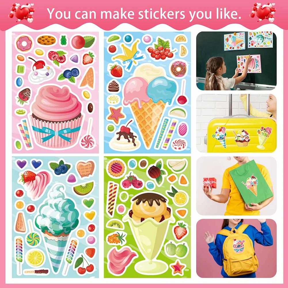8/16 Fogli Gelato Cupcake Fai un Viso Puzzle Adesivi Carini Cartone Animato Assembla Puzzle Decalcomanie Giocattolo Bambini Fai da Te Decorazione Gadget Festa