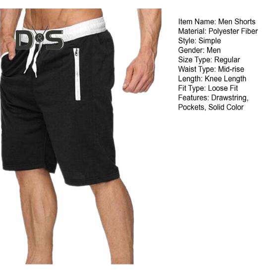 Men Shorts Elastic Waist Adjustable Drawstring Casual Sports Shorts Solid Color Belt Pocket Design Fitness Shorts