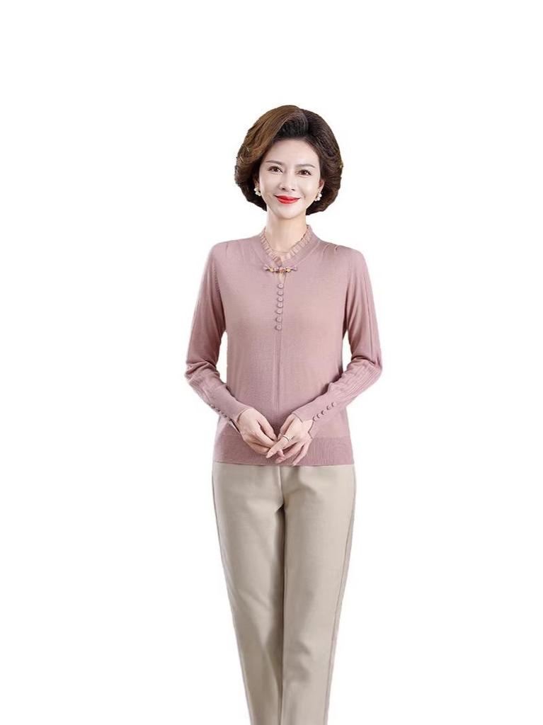 Spring Long-Sleeved T-shirt for Middle-aged Women - Stylish Base Layer for 50s & 60s