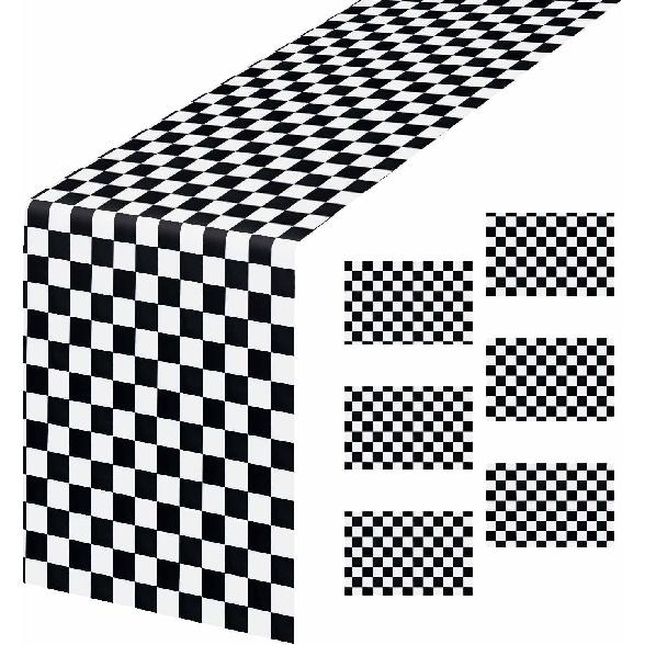 6 Pcs Checkered Table Runner Plastic 14 x 108 Inch Disposable Black and White Runner for Birthday Baby Shower Racing Party Decorations Race Car Table