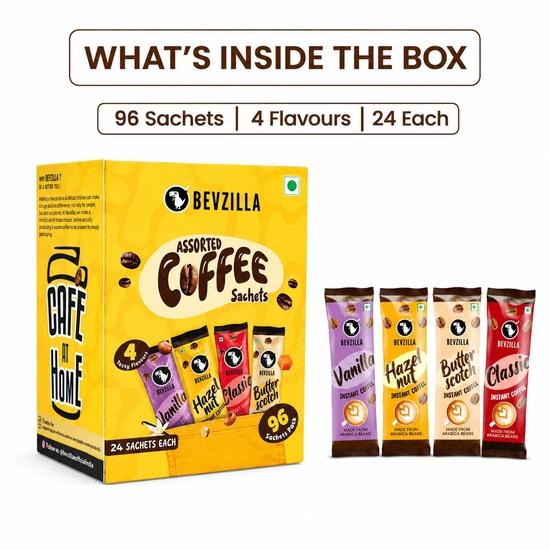 Bevzilla 96 Bustine di Caffè Istantaneo in Polvere(4 Gusti) - 192 Grammi | Nocciola, Classico, Vaniglia & Mou | 24 bustine per ogni gusto