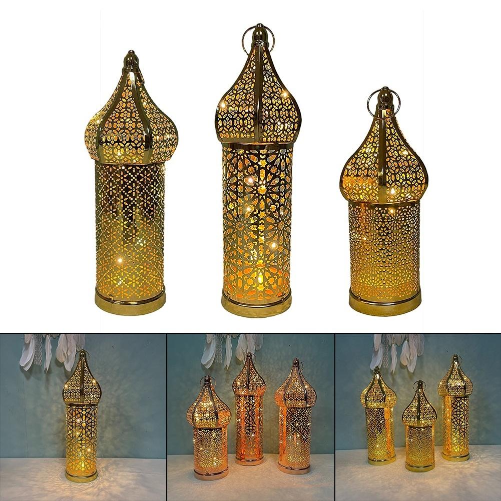 Christmas Moroccan Retro Golden Hollow LED Wind Lamp Iron Lantern Hotel Home Bedroom Living Room Atmosphere Decor Lamps