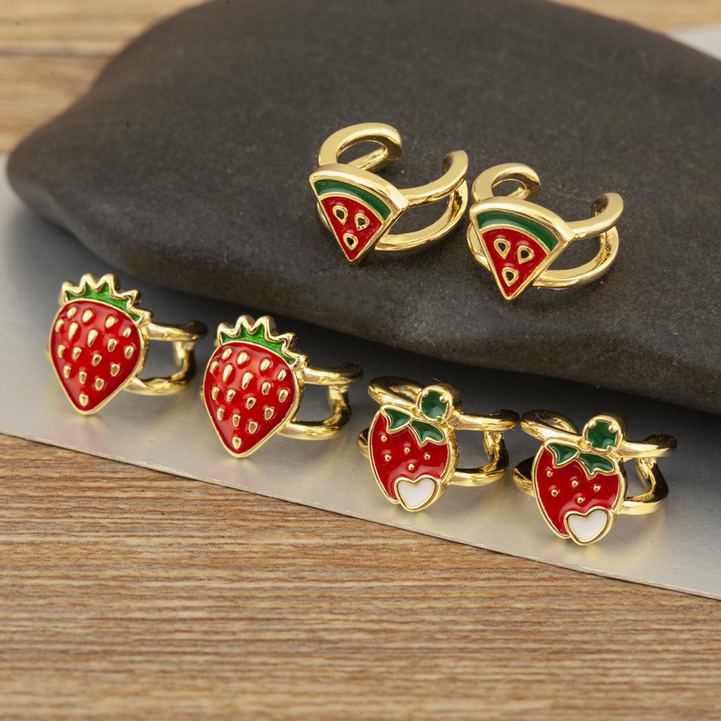 Nidin New Trendy Enamel Drip Oil Strawberry/Cherry/Watermelon/Apple Shape Ear Clip Earrings No Piercings For Women Girls Jewelry