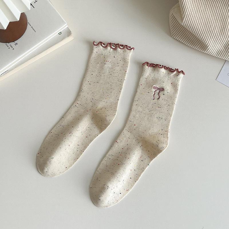 Women's autumn bowknot lace ruffle socks - dot pattern cotton long socks