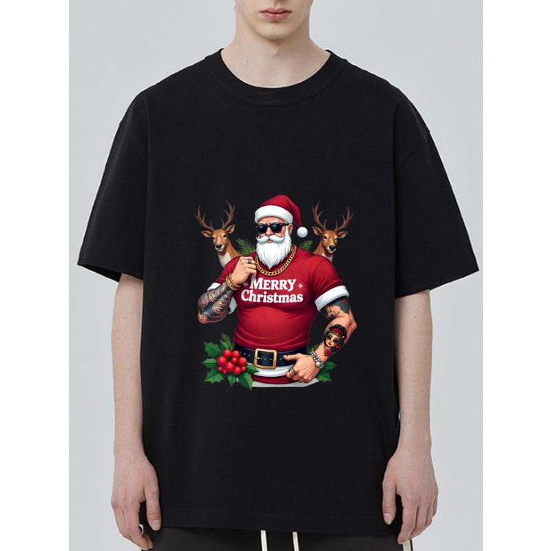 Christmas T-Shirt Black Santa Claus with Reindeer and Merry Christmas Text Holiday Party Wear
