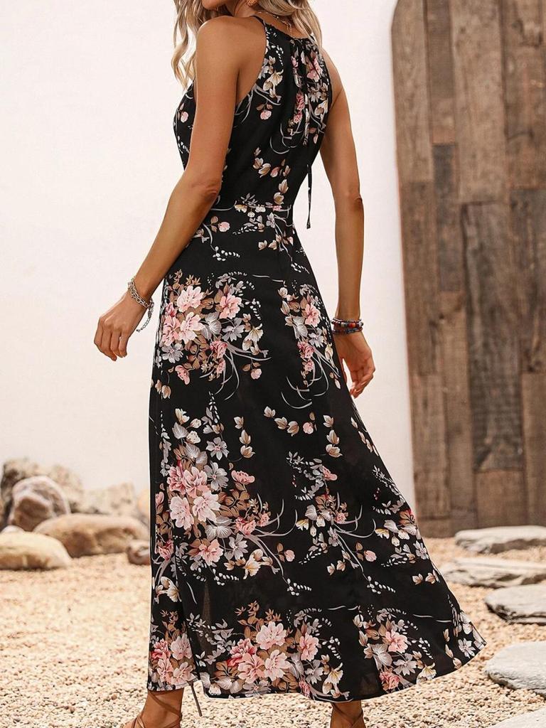2025 Spring/Summer Floral Print Slit Halter Neck Dress - European & American Style