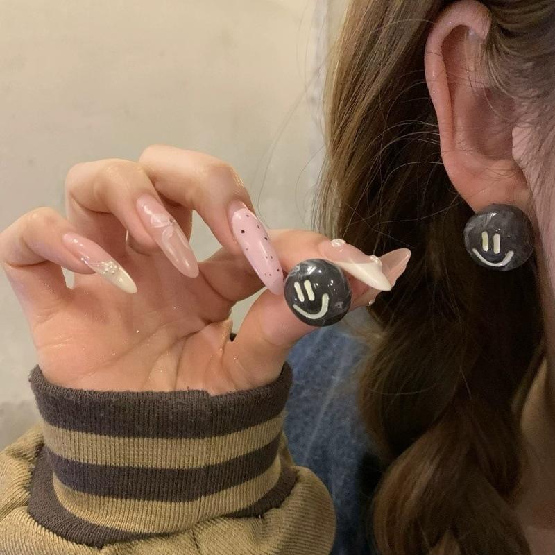 New resin cute smiley face brown stud earrings bizarre earrings versatile temperament high-end earrings