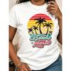 European Size Women'S Tropical Beach Print T-Shirt - Lightweight Summer Short Sleeve Round Neck Top with Palm Tree & Surf Design