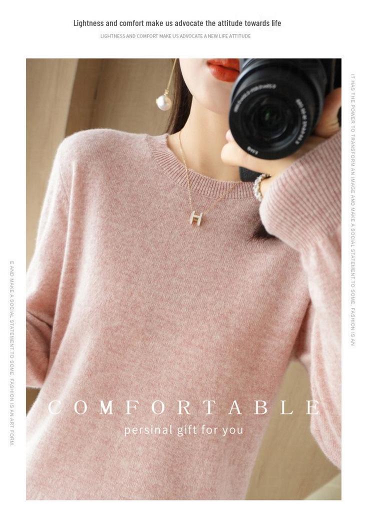 Women's Round Neck Sweater: Solid Color Knit Pullover for Autumn/Winter, Long Sleeve, Lightweight and Short.