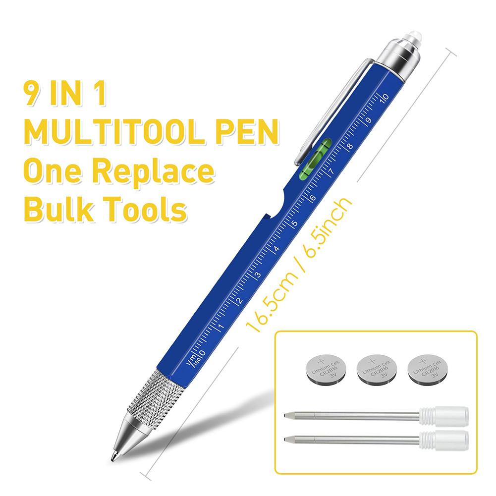9 in1 Multifunction Ballpoint Pen with Modern Handheld Tool Measure Technical Ruler Screwdriver with LED Light for Carpentry