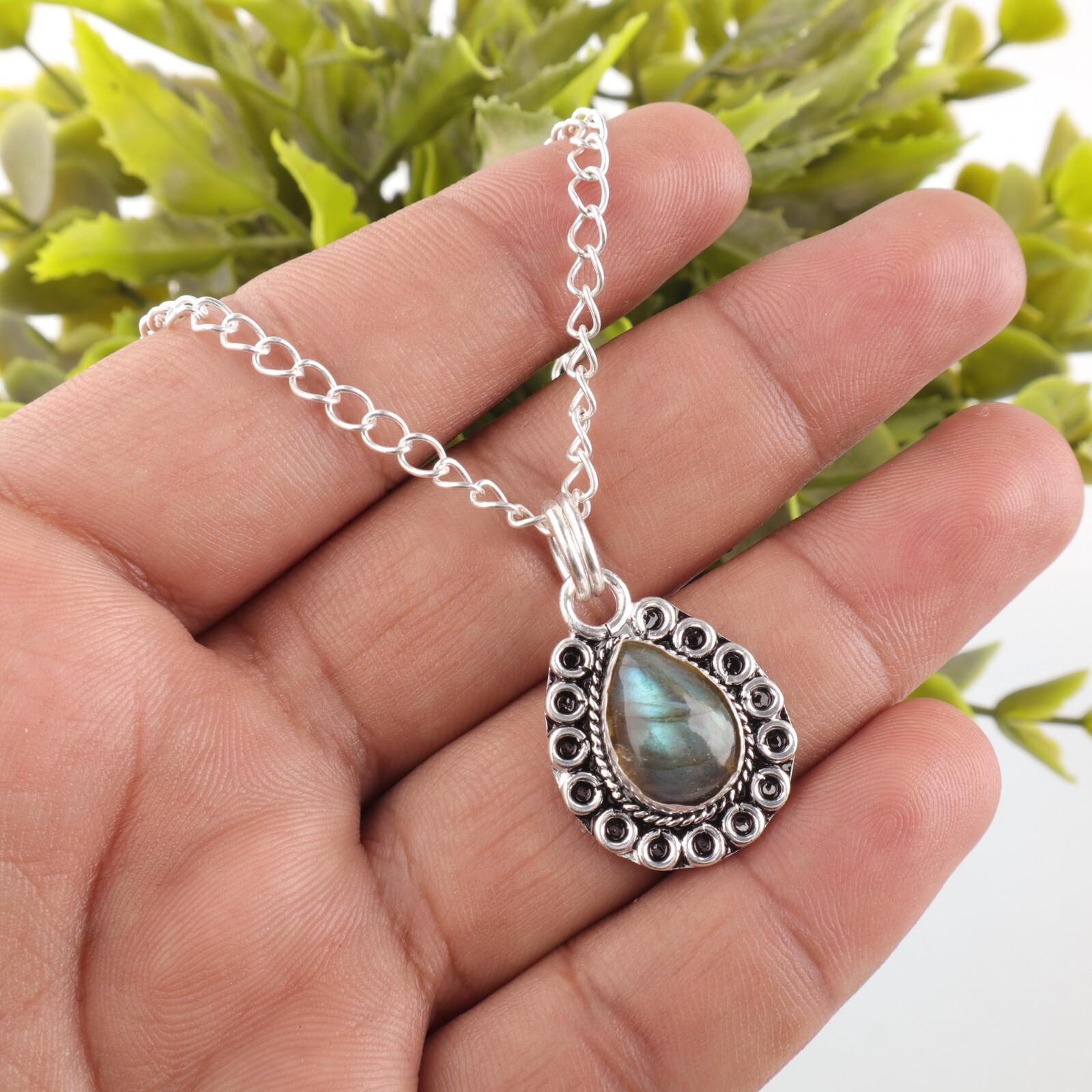 

Third Eye Chakra Pear Labradorite Stone Friend Gift Pendant Jewelry 925 Silver PP-26-46