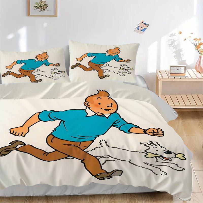 Tim und Struppi Abenteuer Schnee-Print 3-teiliges Bettwäsche-Set Bettbezug mit 2 Kissenbezügen Zuhause Geburtstagsgeschenk