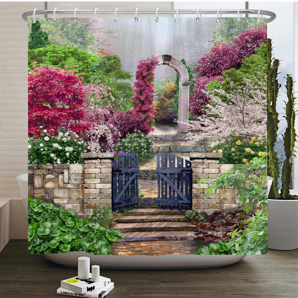 3D Waterproof Fabric Shower Curtains European Style Arched Flower Printed Bath Curtain Large 240X180 With Hooks Bathroom Screen