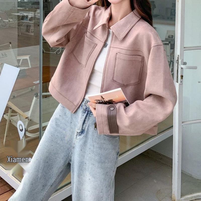 Damen Rosa Wildlederjacke - Frühling/Herbst 2025 Lockerer Lässiger Vielseitiger Stil