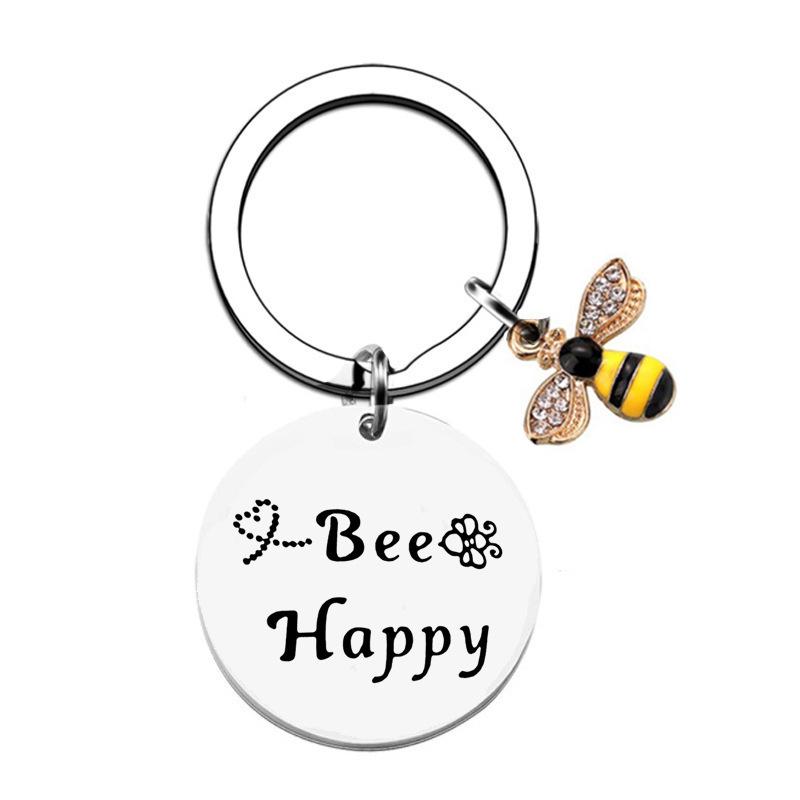 Stainless Steel "Bee Happy" Engraved Keychain Gift Accessory