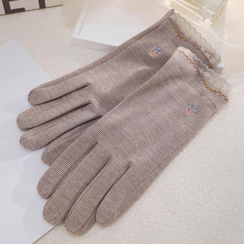 Warm Gloves Single Layer Women's Elegant Lace Houndstooth Outdoor Riding Cold Proof and Wind Proof Touch Screen Autumn and Winter Gloves