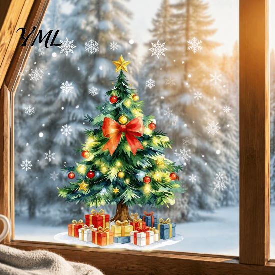 Creative Room Embellishments Christmas Tree Static Window Sticker, Waterproof PVC Decal, Watercolor Clings Snowflake Glass for Holiday Home