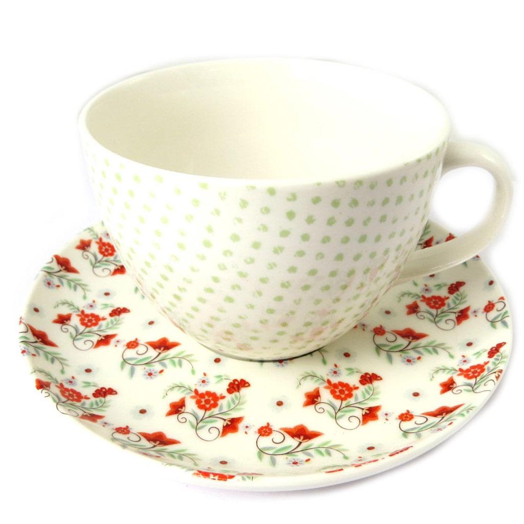 Les Trésors De Lily [N8496] - Tasse + soucoupe 'Vintage Design' beige rouge liberty - tasse 11x7 cm
