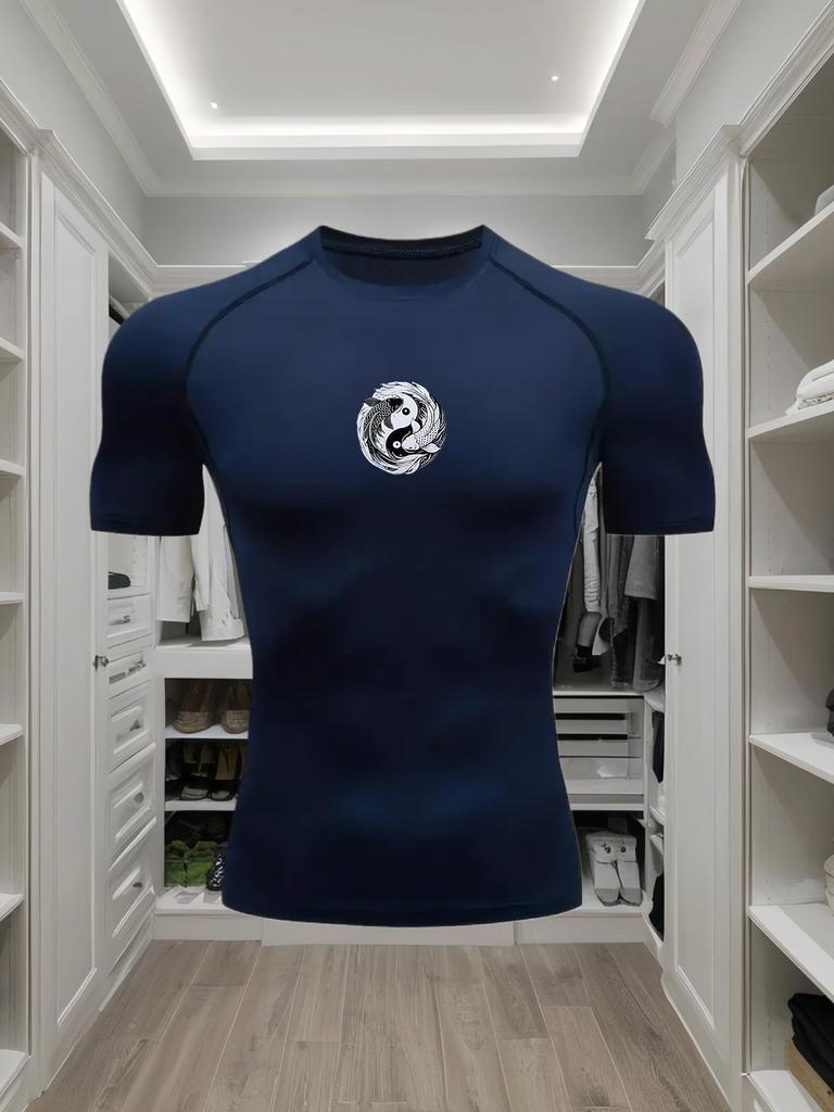 Mens White Compression Short Sleeve T-Shirt Black And White Yin Yang Graphic Quick Dry Breathable High Elasticity Gym And Running Athletic Top