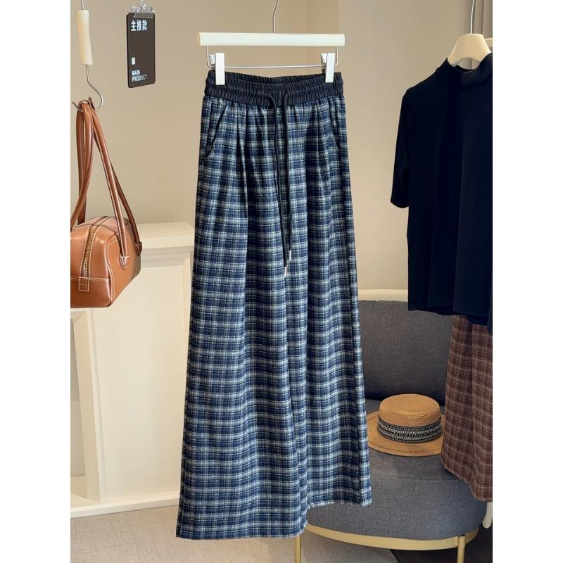 

Ретро клетчатые брюки женские повседневные брюки осенние популярные новые ленивый стиль высокая посадка свободные универсальные прямые брюки L темно-синий