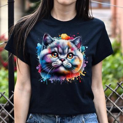 British Shorthair Cat Color Splash Unisex T-Shirt Black Navy Dark Heather