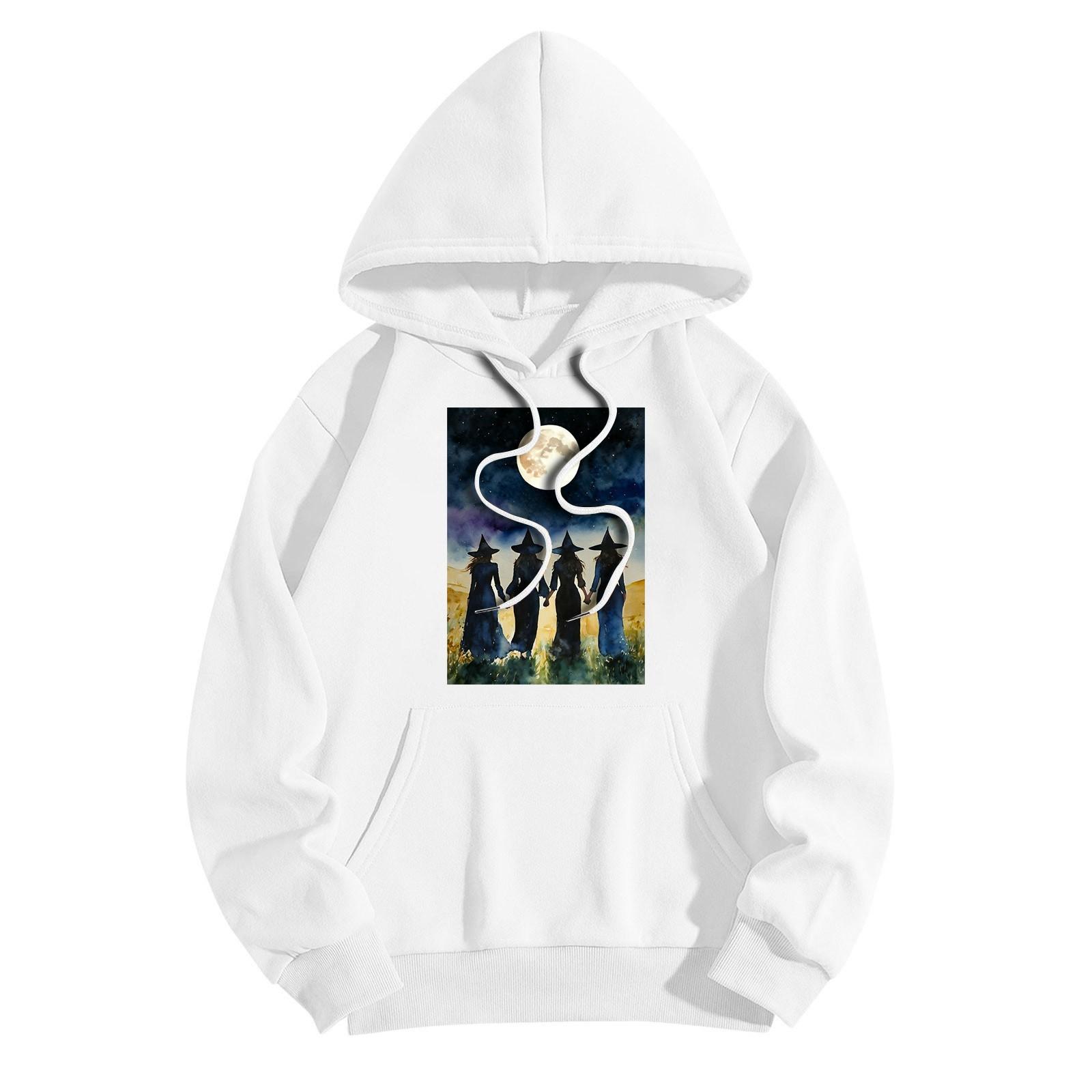 

Женская модная повседневная толстовка с капюшоном и принтом ведьмы на Хэллоуин с карманами и длинными рукавами XXL белый