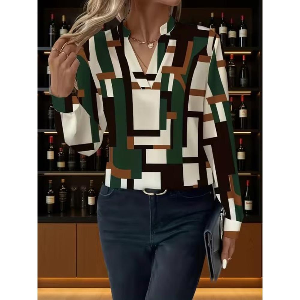 Geometric Print Women Blouse Spring Autumn Femme Office Lady Button Up Turn Down Collar Shirts