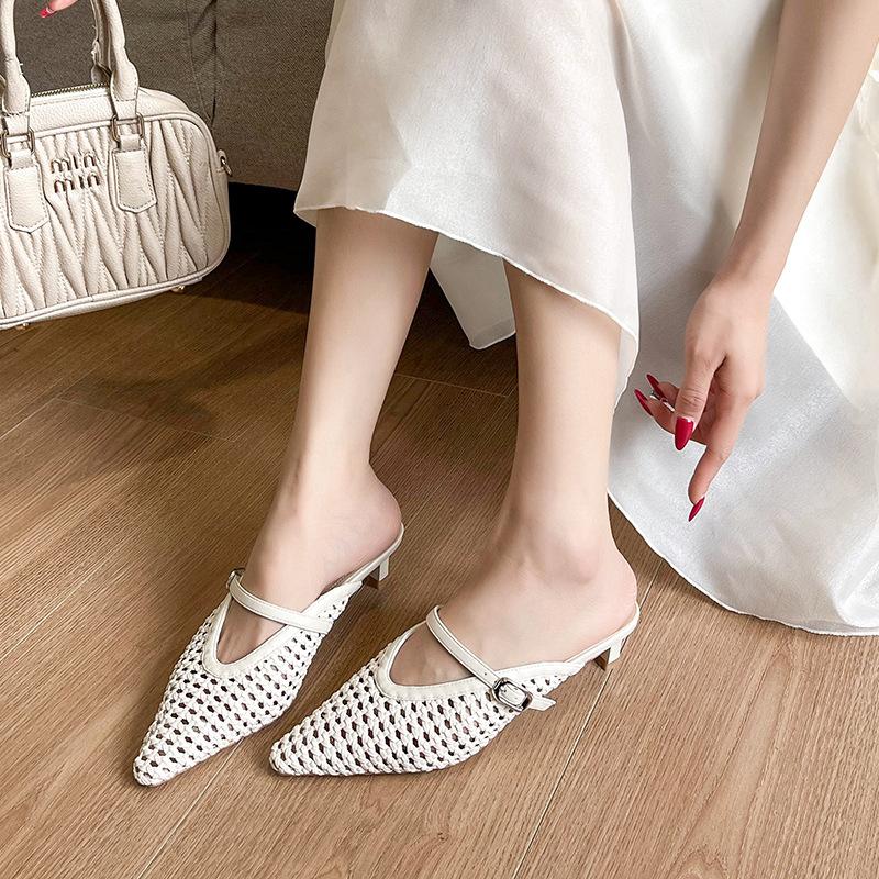 Fashion Women's French Retro Woven Pointed Toe Mid Heel Mule Sandals Slip On High Heel Slippers