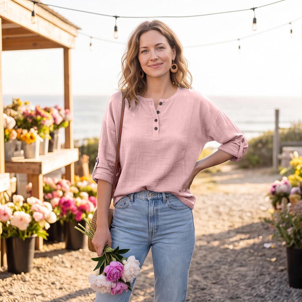 Women's Casual Color Neck Top with Button Front