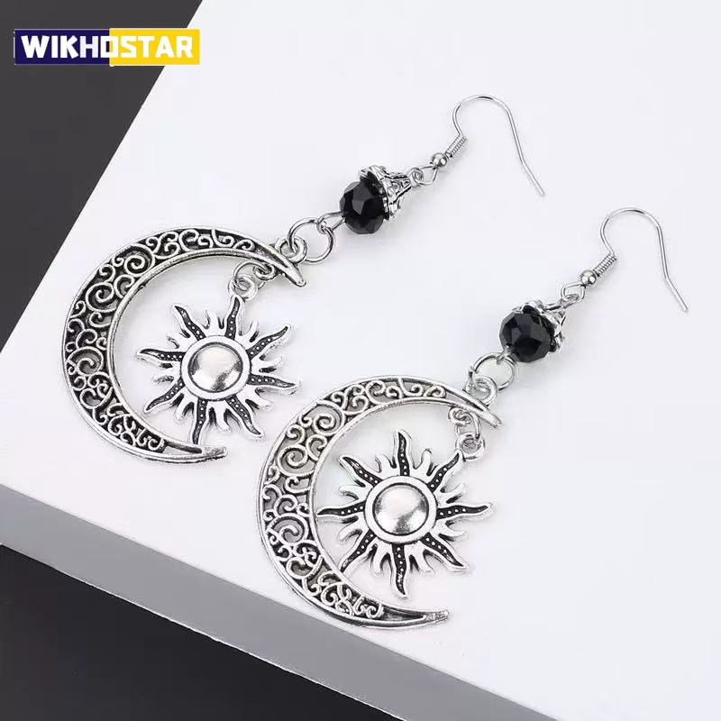 Gothic Dark Style Moon Sun Pentagram Earring Occult Crescent Wicca Witch DangleEarrings For Women Men Hanmade Goth Jewelry Gift