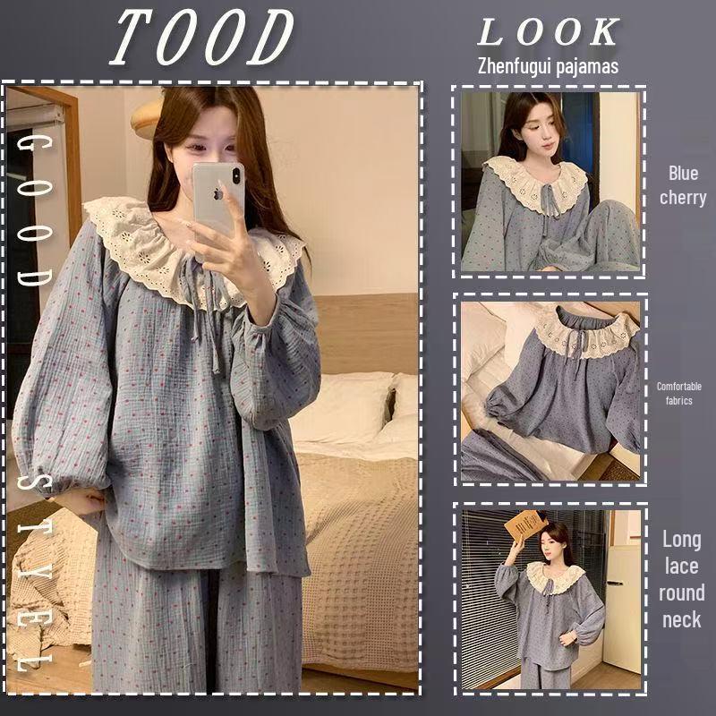 Damen Blumen-Spitzen-Pyjama-Set - Langarm, Süßer Koreanischer Stil, Vielseitig für drinnen und draußen