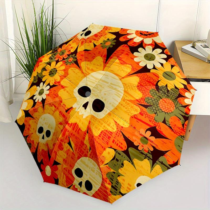 1pc Skull Flowers Automatic Open/Close Umbrella, Portable Folding Umbrella for Travel, Themed Events,