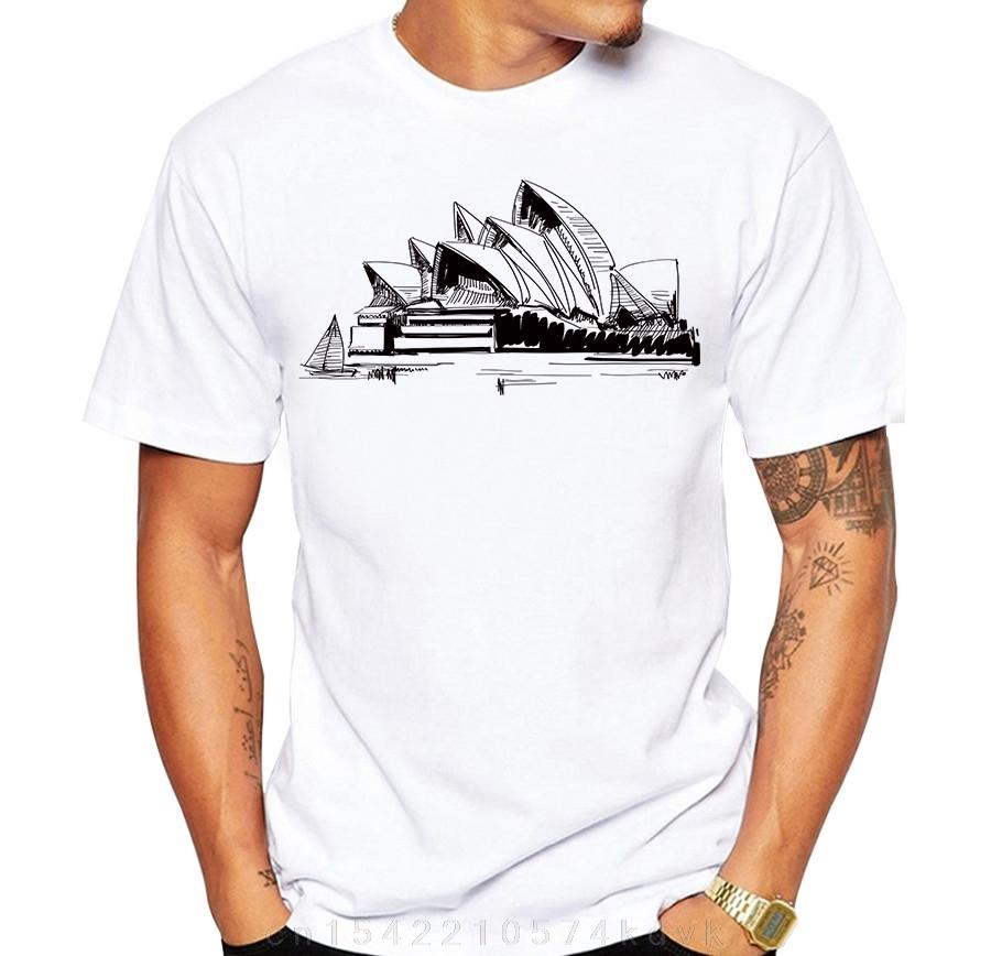 Hand Painted Sydney Opera House T-Shirt Men's Summer Simple T Shirt Casual White Print Male Tee