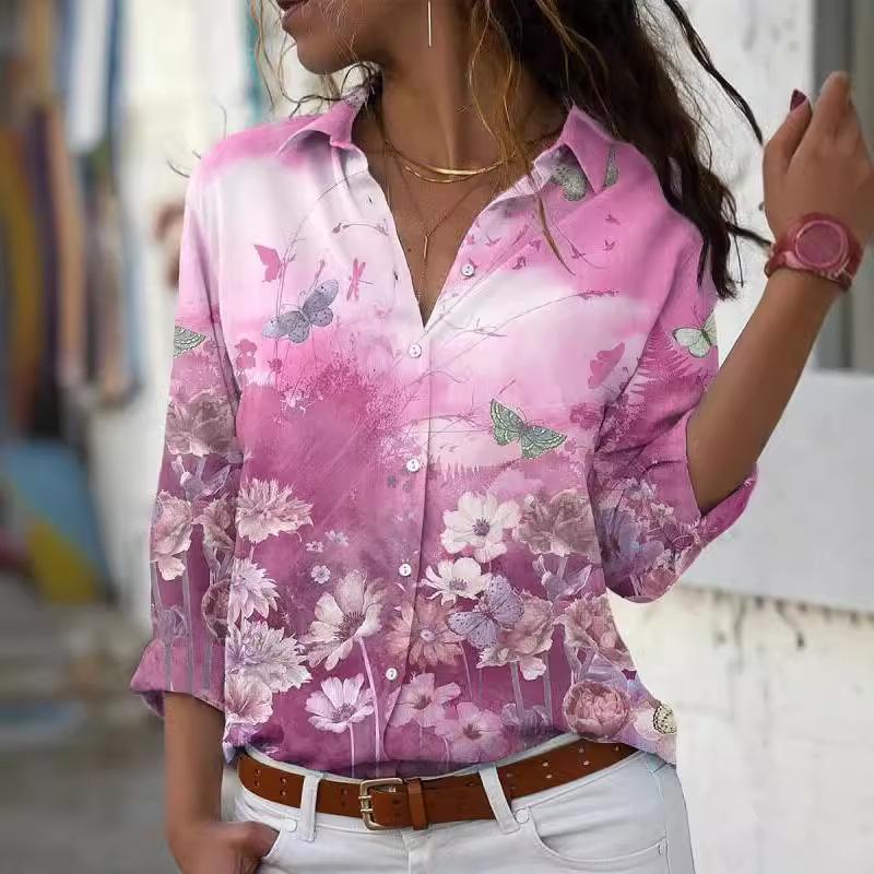 2025 Spring/Summer Printed Long Sleeve Lapel Shirt for Women - European & American Style