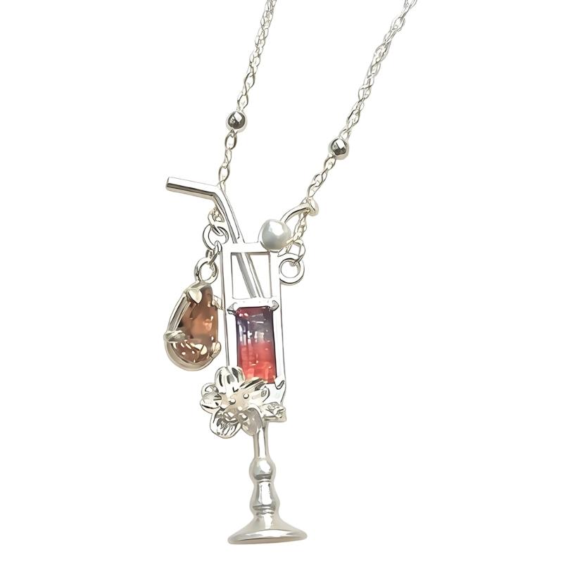 Cocktail Glass Pendant Necklace Alloy Fruit Charm Jewelry with 45 cm Chain for Party Styling Date Night and Wear