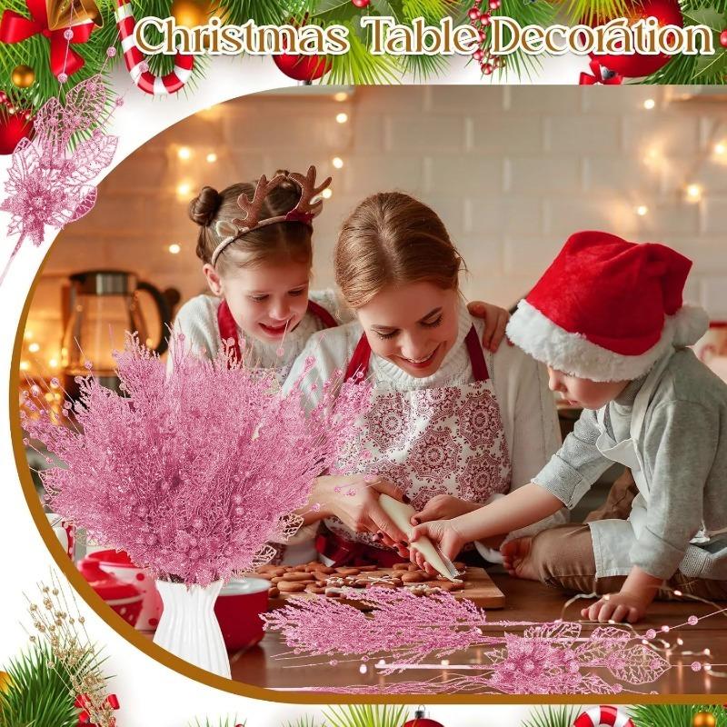 12 Stück Rosa Weihnachtsbaumschmuck Künstliche Glitzerzweige Weihnachtsbaumhänger Navidad Beerenblumen Geschenk Neujahr Heimdeko