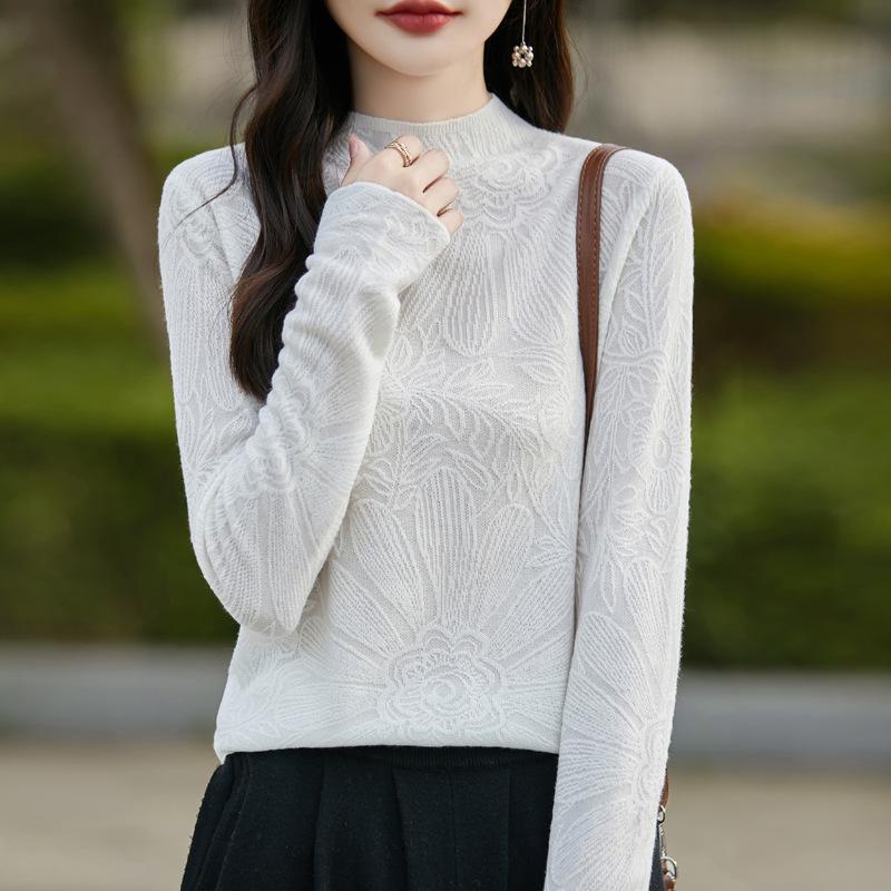 Women's Carved Jacquard High Neck Sweater: Spring/Autumn Long Sleeve Knit Top