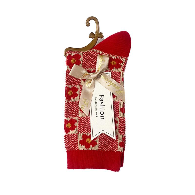 Mid-calf Socks, Red Socks, Wedding, Autumn and Winter Vintage Cotton Pile Socks, Breathable