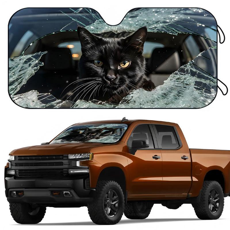 1Pcs Black Cat Theme Pattern Windshield Sunshade UV Rays Heat Blocker Keeps Vehicle Cool Unique Design Fit Sedans SUVs RVs